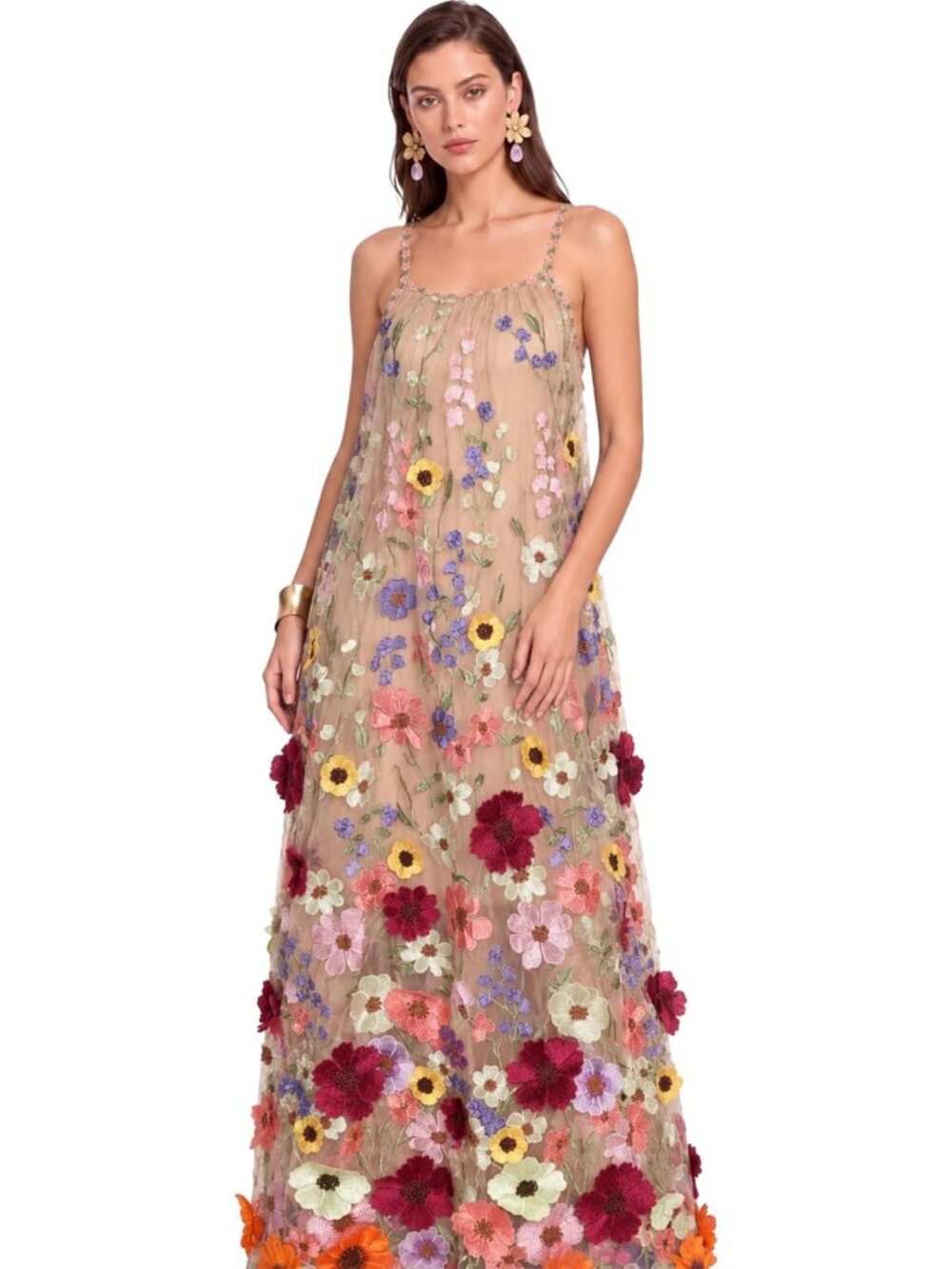 Elegant 3D Floral Embroidery Tulle Maxi Dress for Wedding Guests & Special